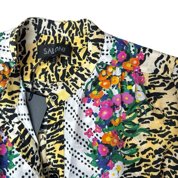 NWT Saloni Tyra Tiger Rosette Silk Multicolor Animal Print Belted Shirt Dress - Picture 8 of 12